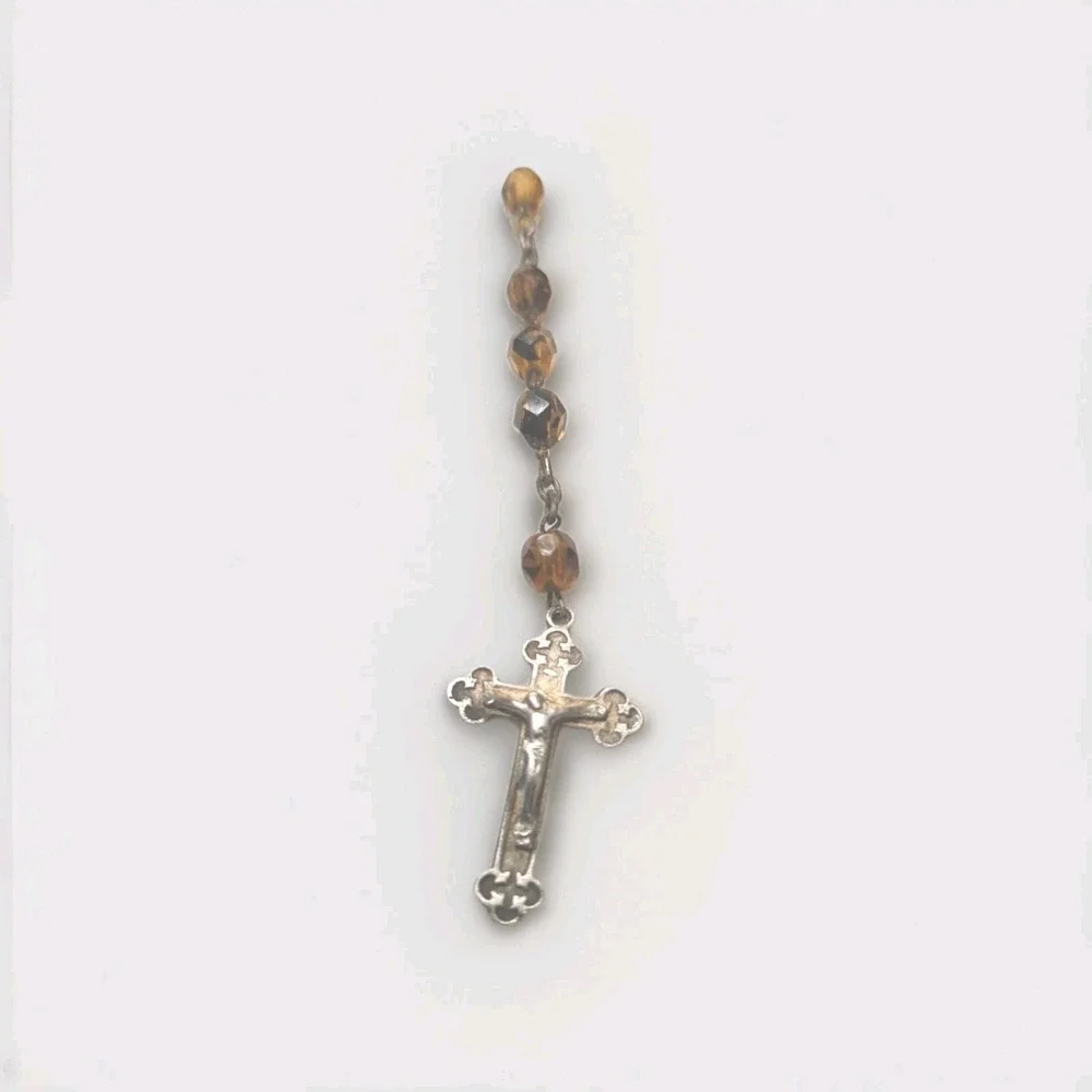 Vintage Golden-Topaz-Colored Sparkly Faceted Glass Bead Silver-Colored Rosary‎